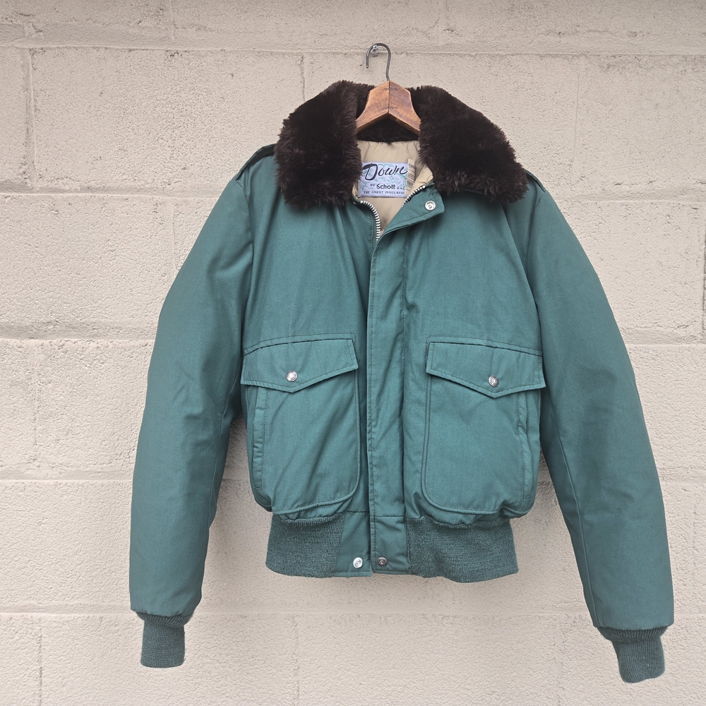 Vintage Schott NYC Down Bomber Flight Jacket Sherpa Collar Green Made USA ● M